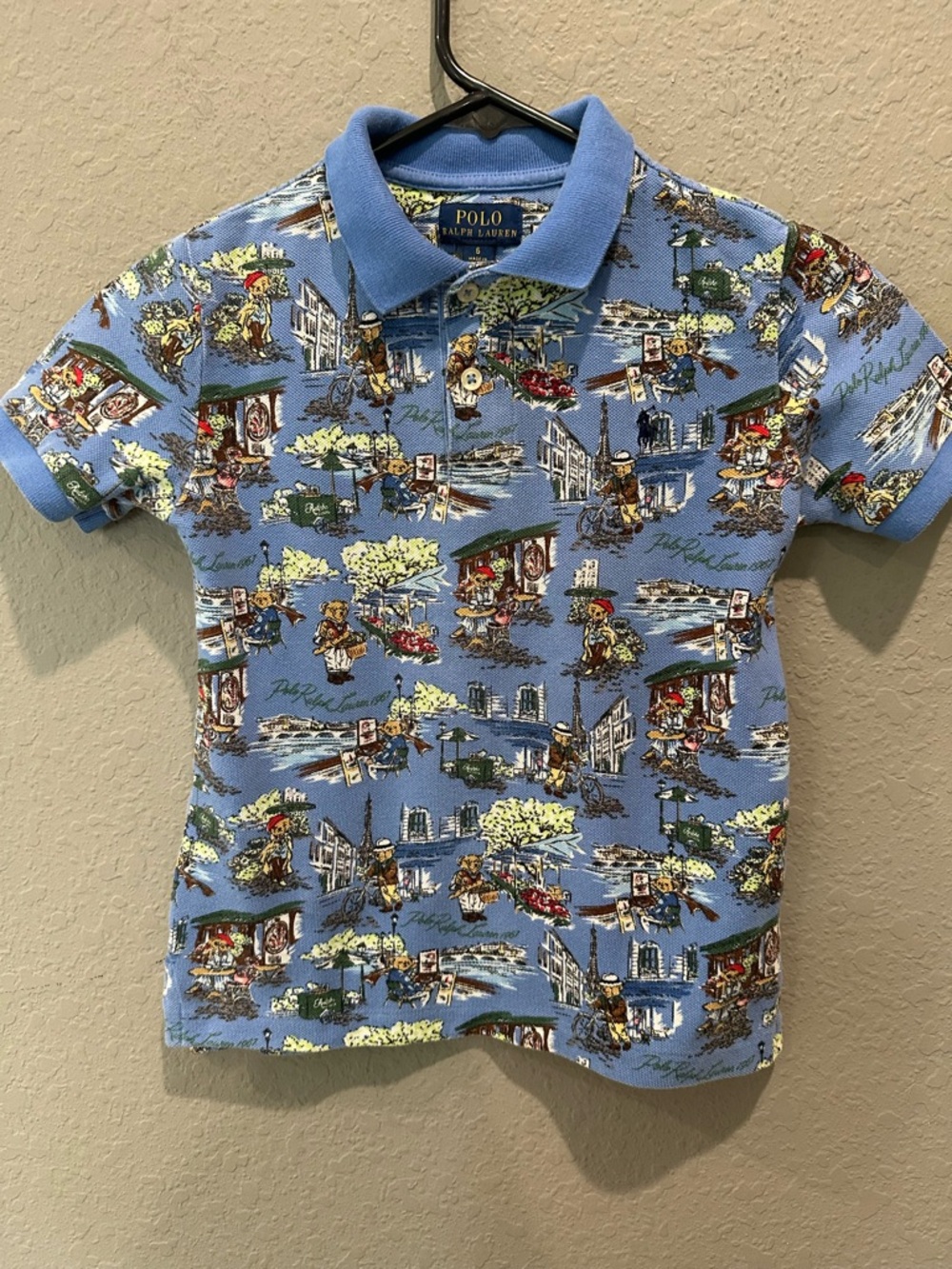 Polo Ralph Lauren Kids Polo Shirt Paris All Over Print Bear Sz 6 Boys Polo Shirt